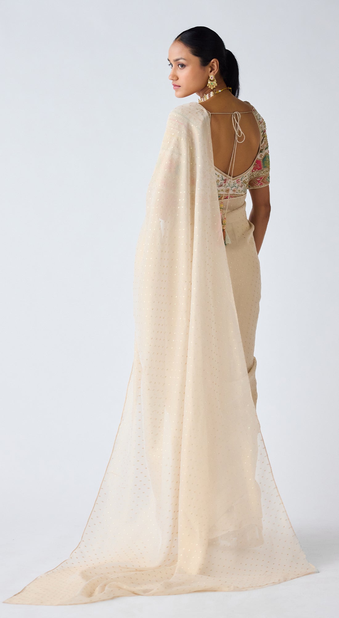 Ivory Sequins & Resham Work Organza Saree