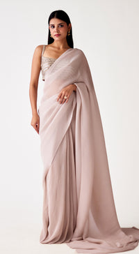 Beige Pleated Georgette Embroidered Saree