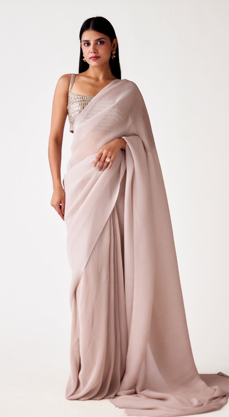 Beige Pleated Georgette Embroidered Saree