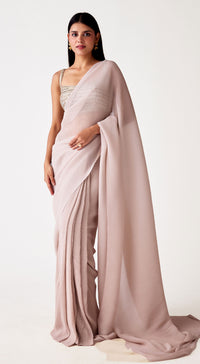 Beige Pleated Georgette Embroidered Saree