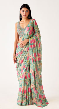 Green Georgette Embroidered Saree