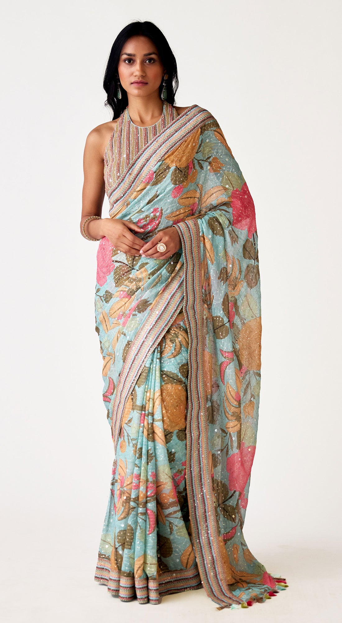 Aqua Georgette Embroidered Saree