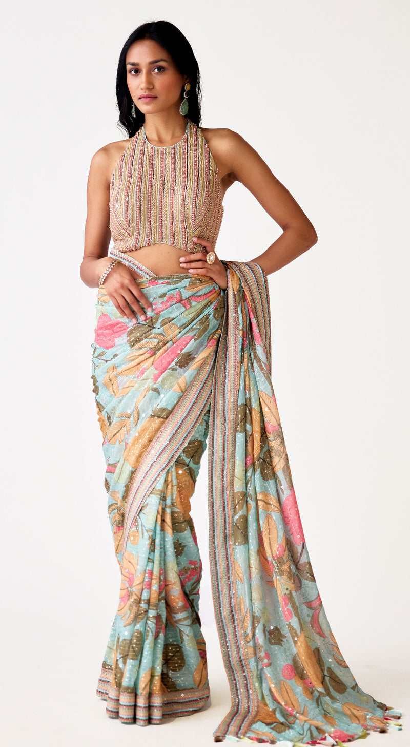 Aqua Georgette Embroidered Saree