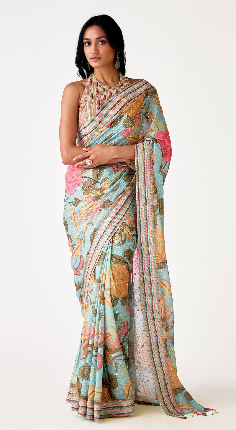 Aqua Georgette Embroidered Saree