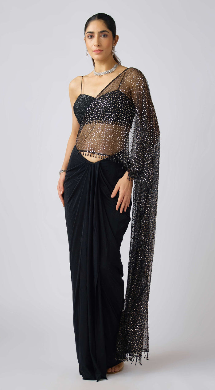 Black Sequins Net Embroidered Pre- Draped Saree