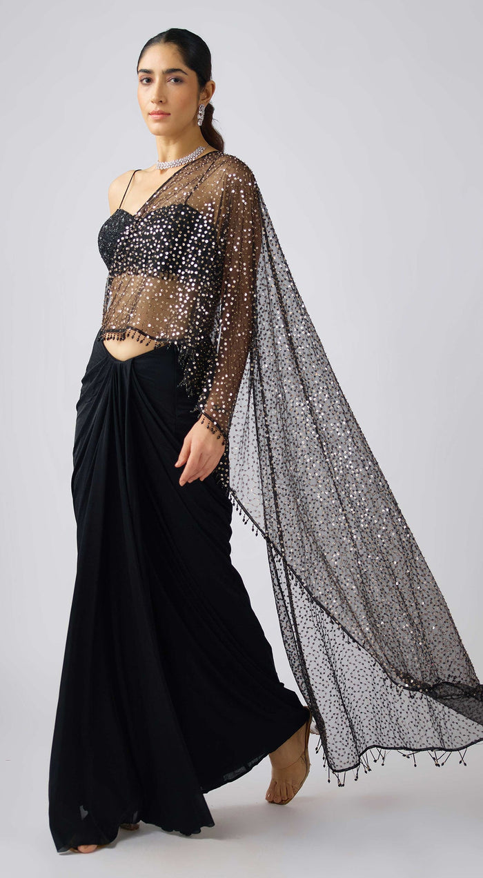 Black Sequins Net Embroidered Pre- Draped Saree