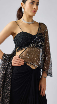 Black Sequins Net Embroidered Pre- Draped Saree