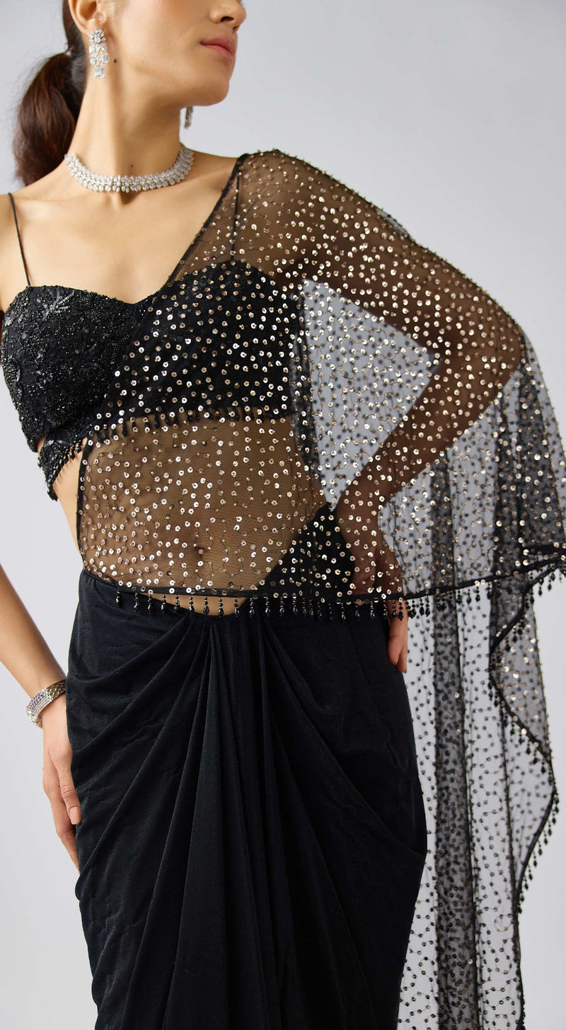 Black Sequins Net Embroidered Pre- Draped Saree