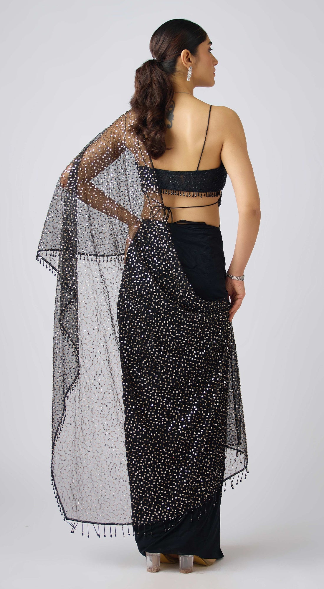 Black Sequins Net Embroidered Pre- Draped Saree