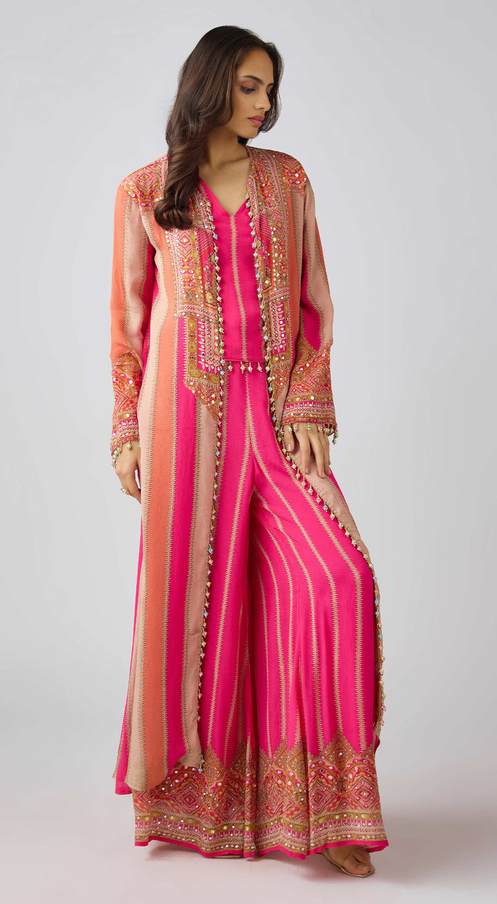 Pink Chinon Embroidered Suit Set