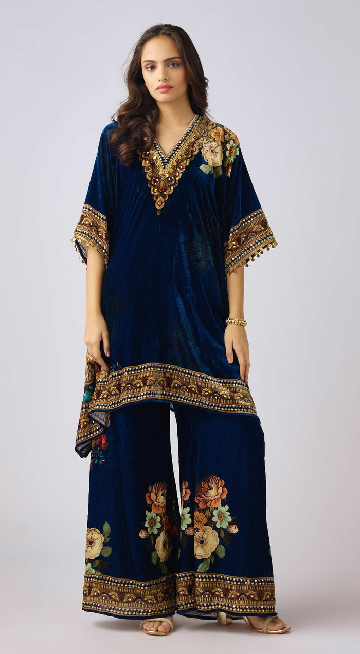 Midnight Blue Velvet Floral Suit Set