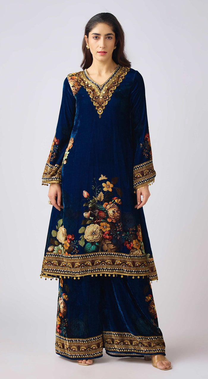 Midnight Blue Velvet Floral Suit Set