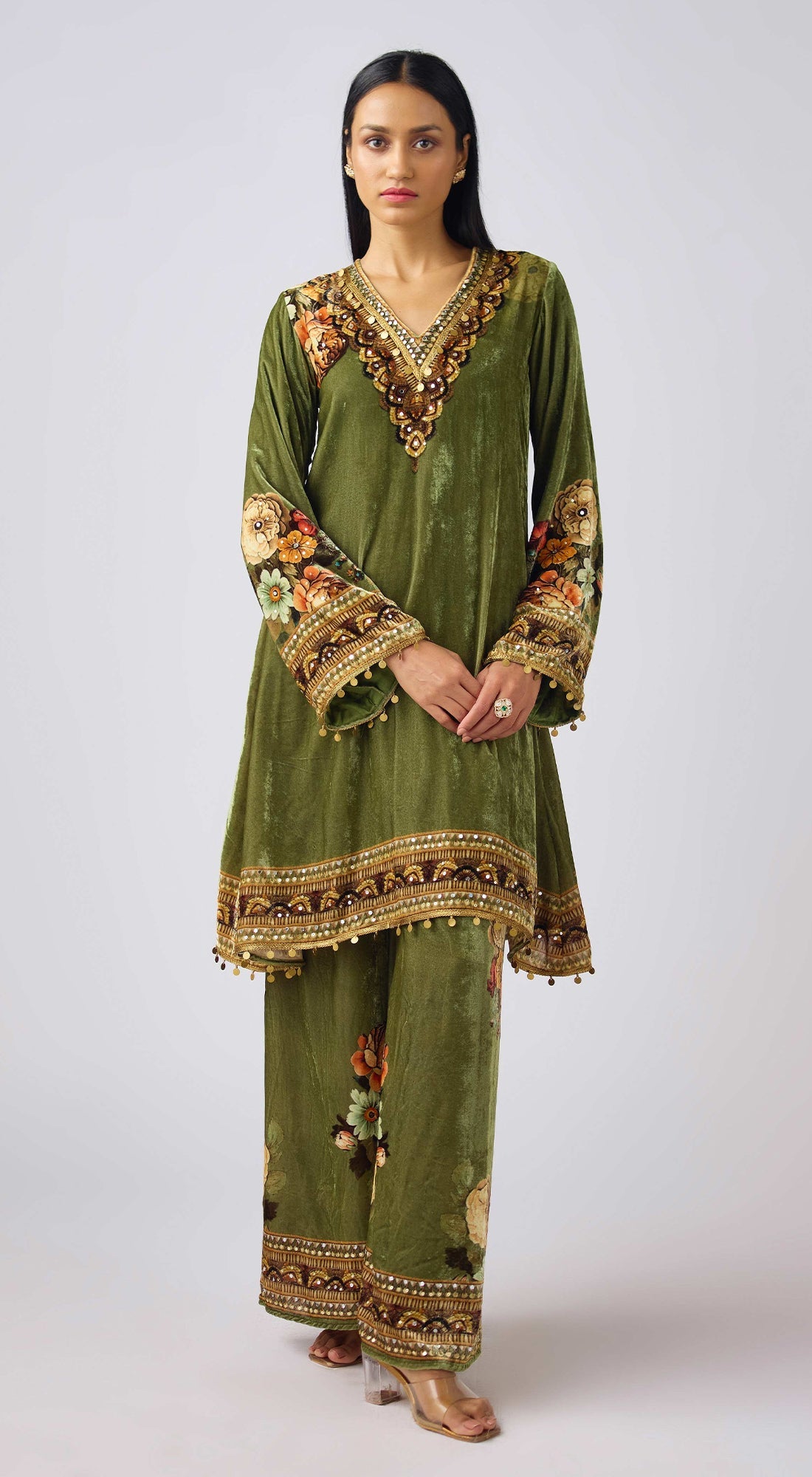 Green Velvet Floral Suit Set