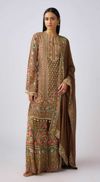 Brown Chinon Embroidered Suit Set