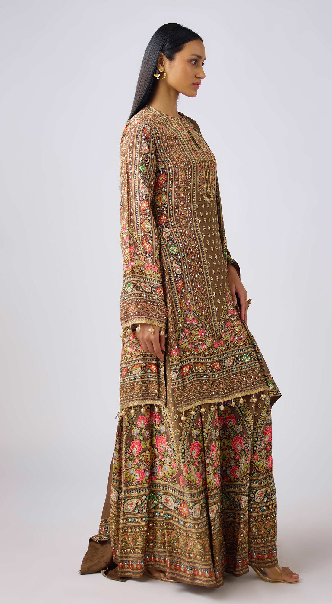 Brown Chinon Embroidered Suit Set