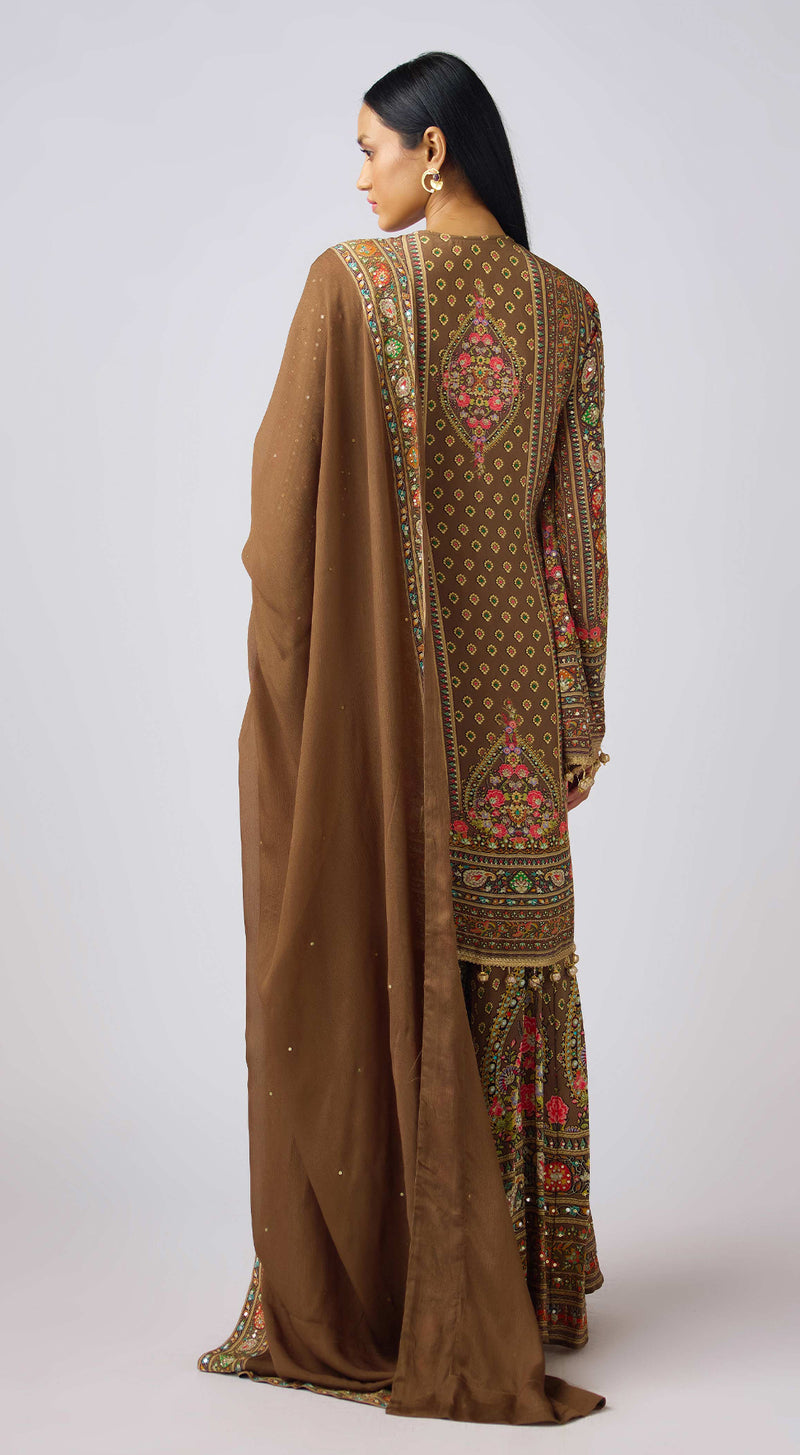 Brown Chinon Embroidered Suit Set