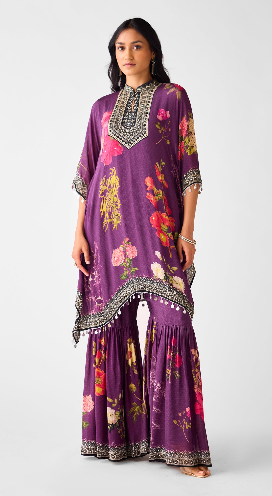 Purple Mirror Work Chinon Sharara Set