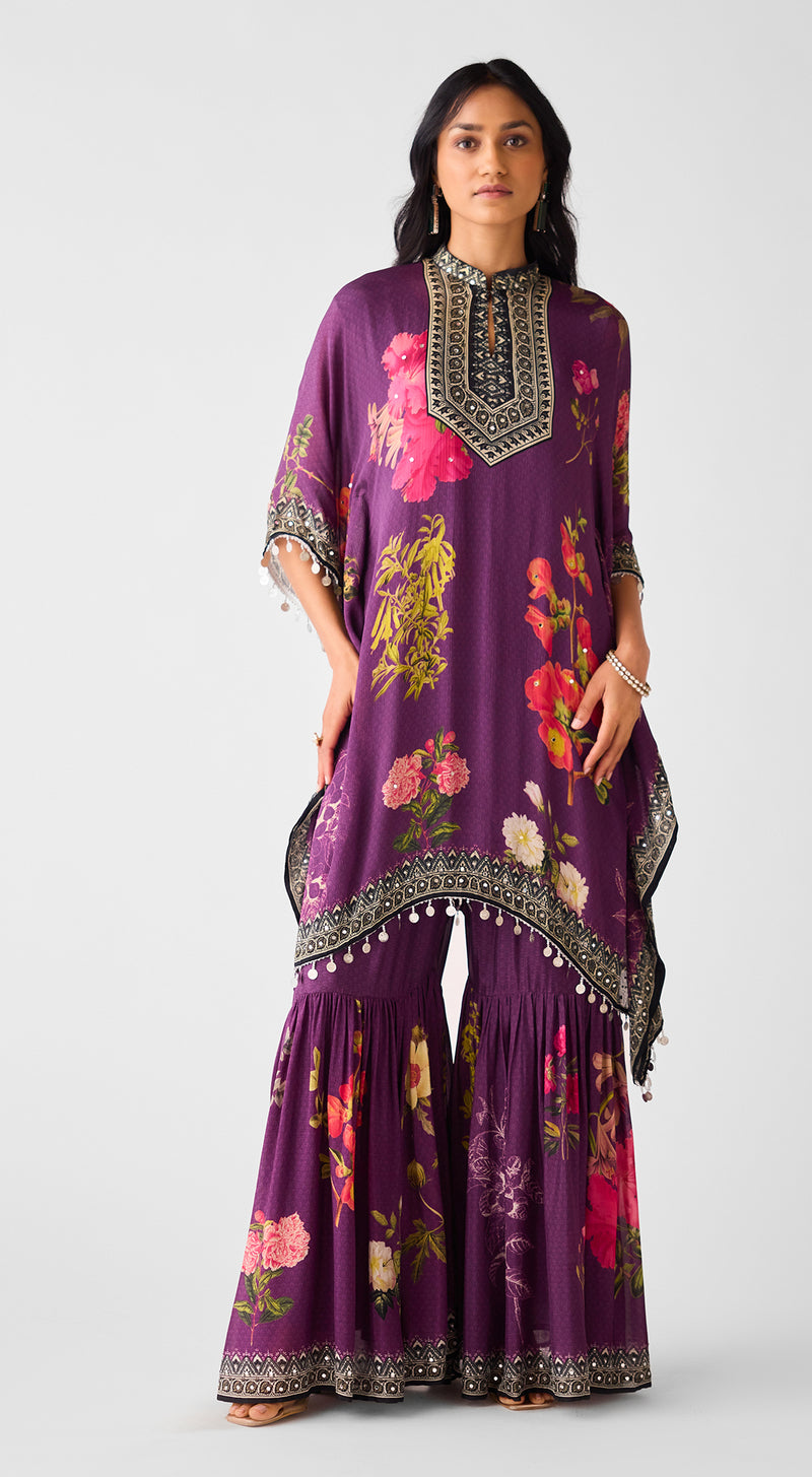 Purple Mirror Work Chinon Sharara Set