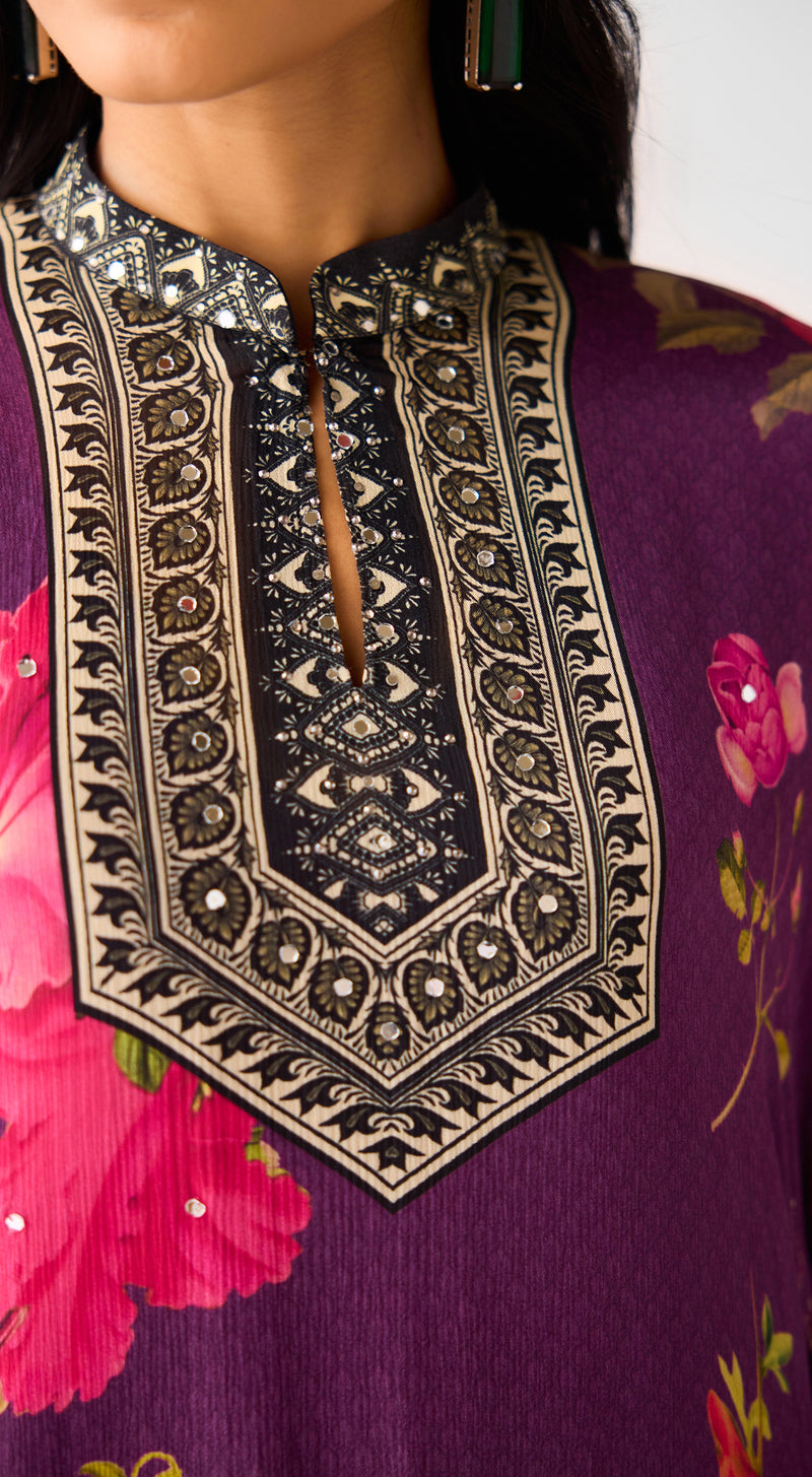 Purple Mirror Work Chinon Sharara Set