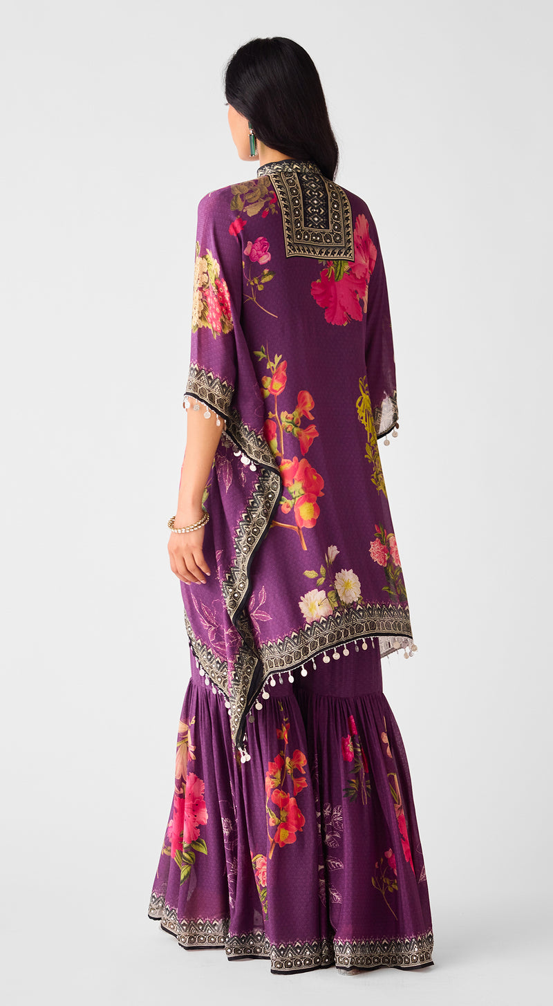 Purple Mirror Work Chinon Sharara Set