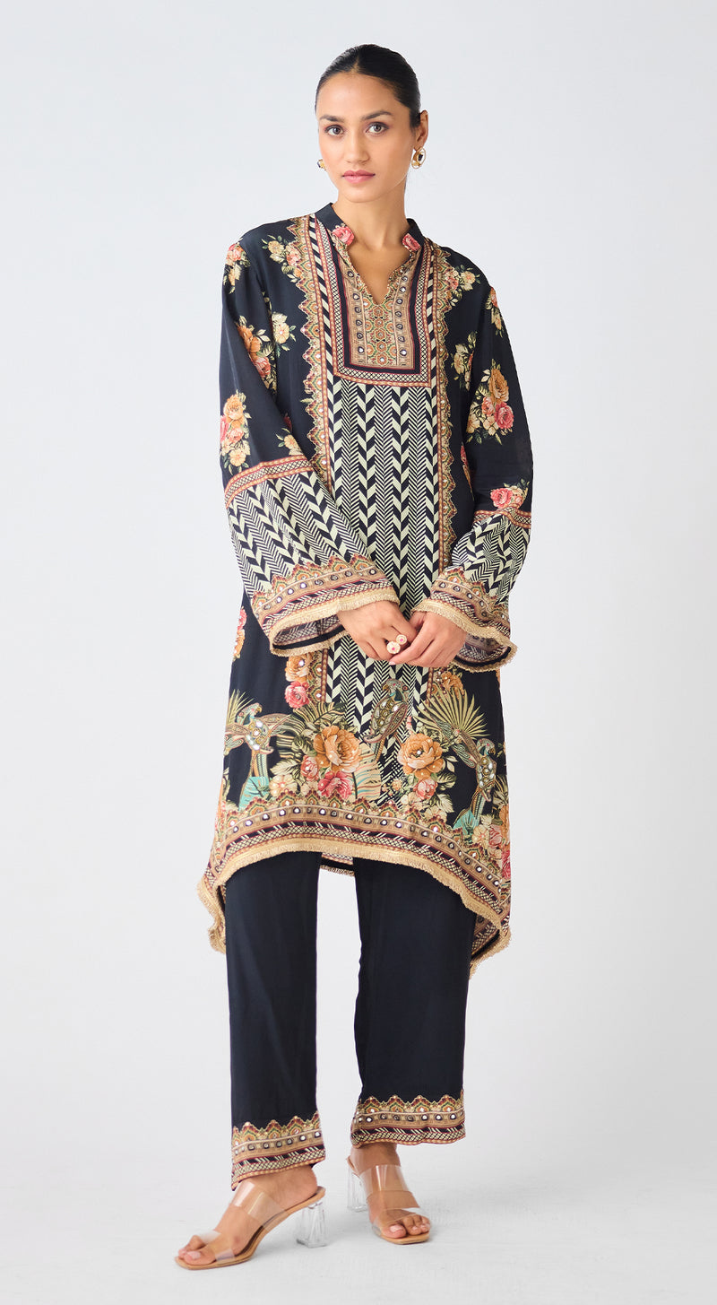 Black Crepe Floral Kurta Set