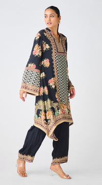 Black Crepe Floral Kurta Set