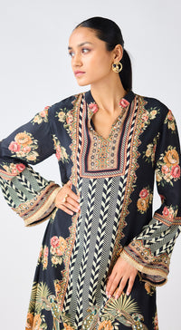 Black Crepe Floral Kurta Set