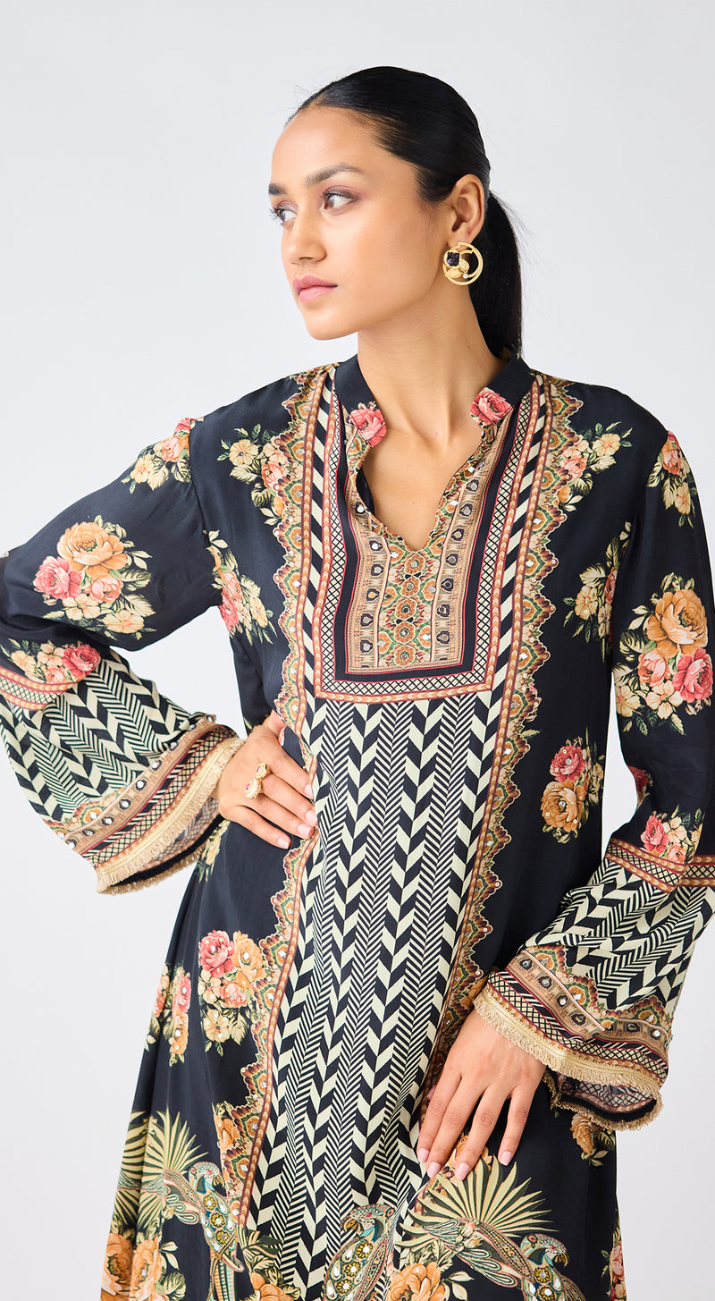 Black Crepe Floral Kurta Set