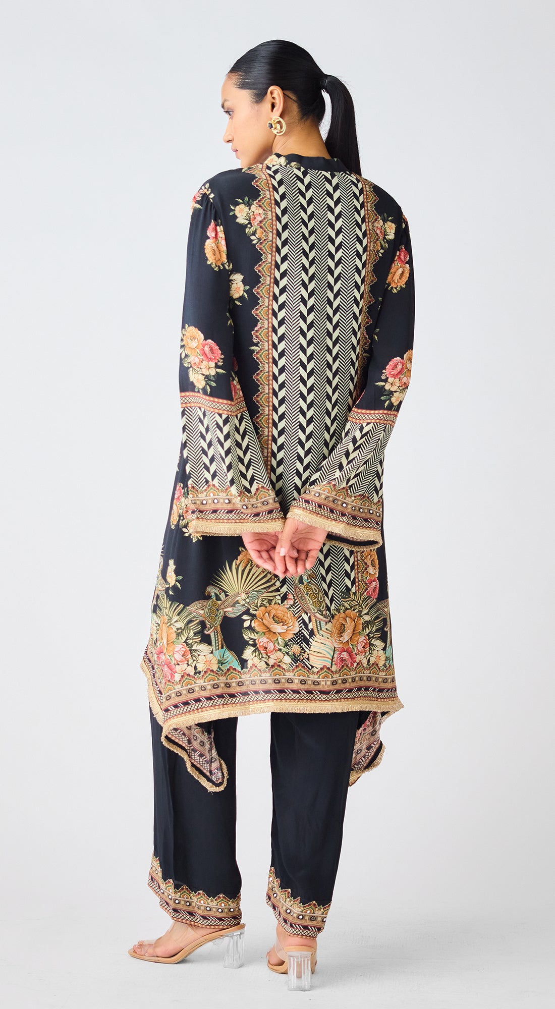 Black Crepe Floral Kurta Set