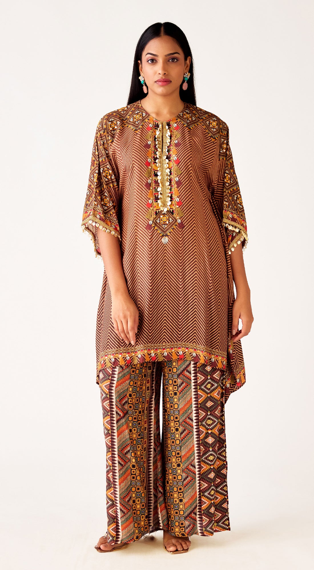 Brown Muslin Embroidered Co-Ord Set