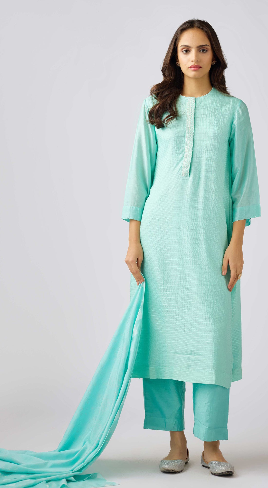 Aqua Muslin Embroidered Suit Set