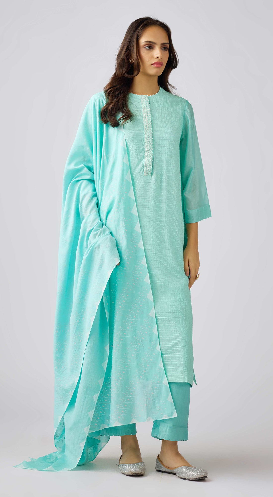 Aqua Muslin Embroidered Suit Set