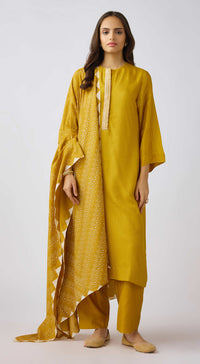 Mustard Muslin Embroidered Suit Set