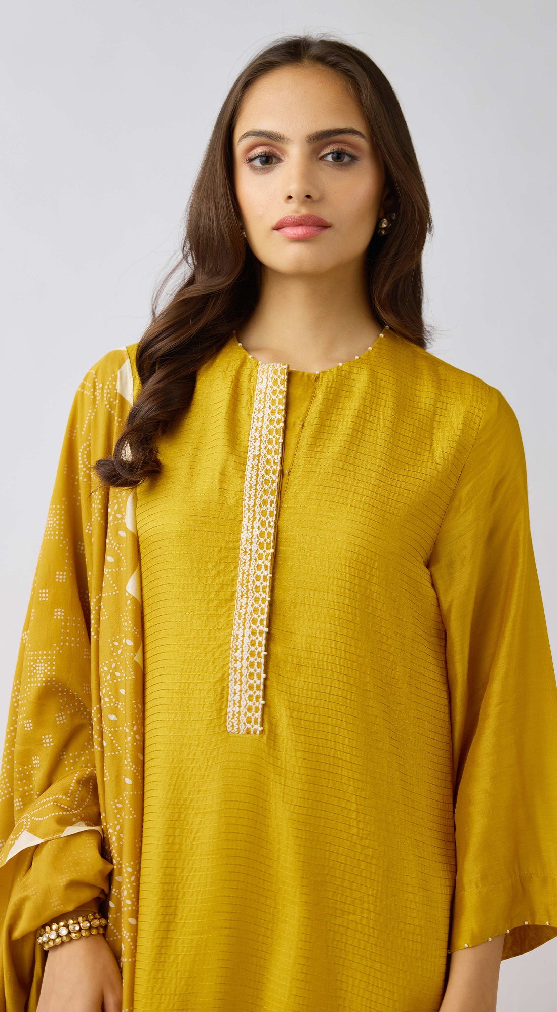 Mustard Muslin Embroidered Suit Set