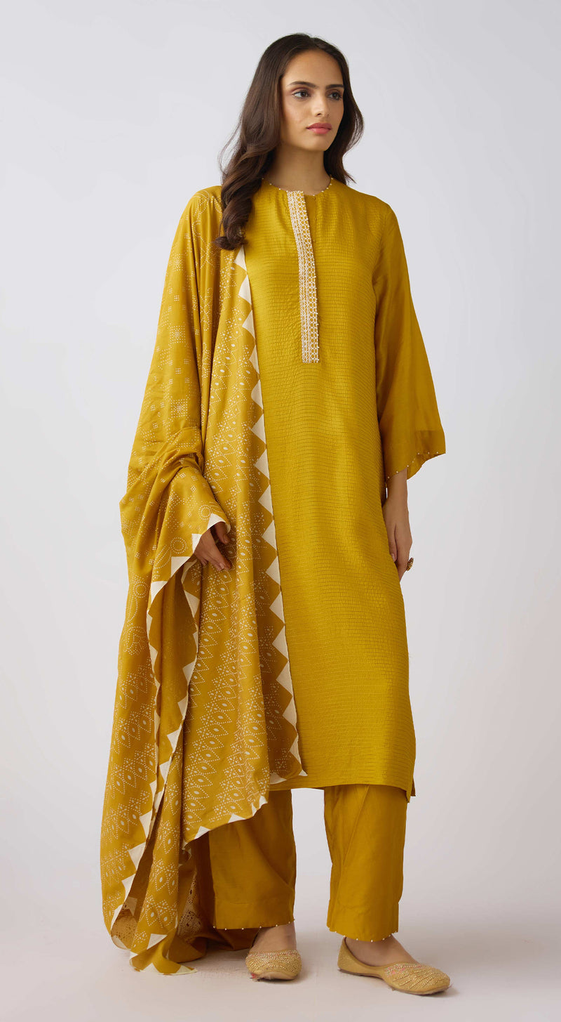 Mustard Muslin Embroidered Suit Set