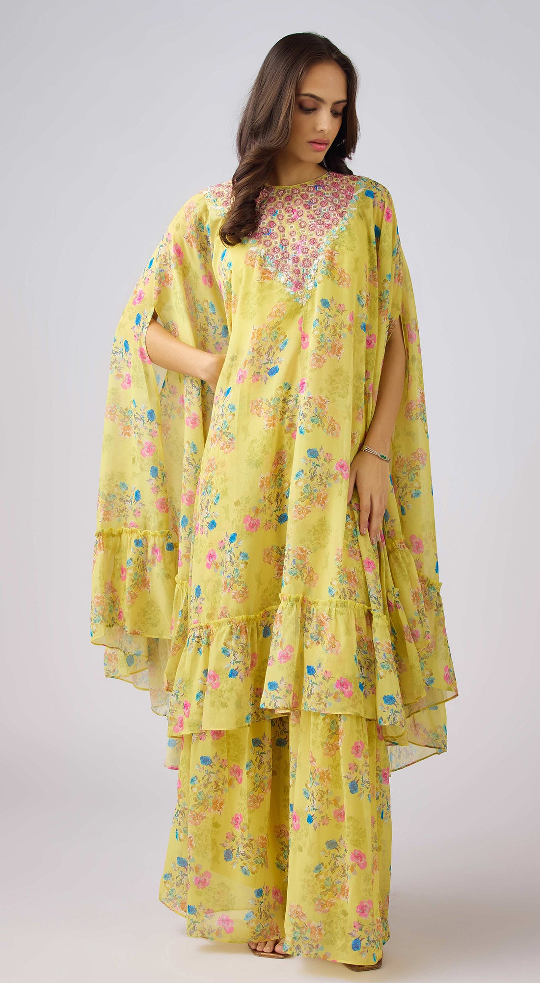 Yellow Floral Print Cape & Sharara Set