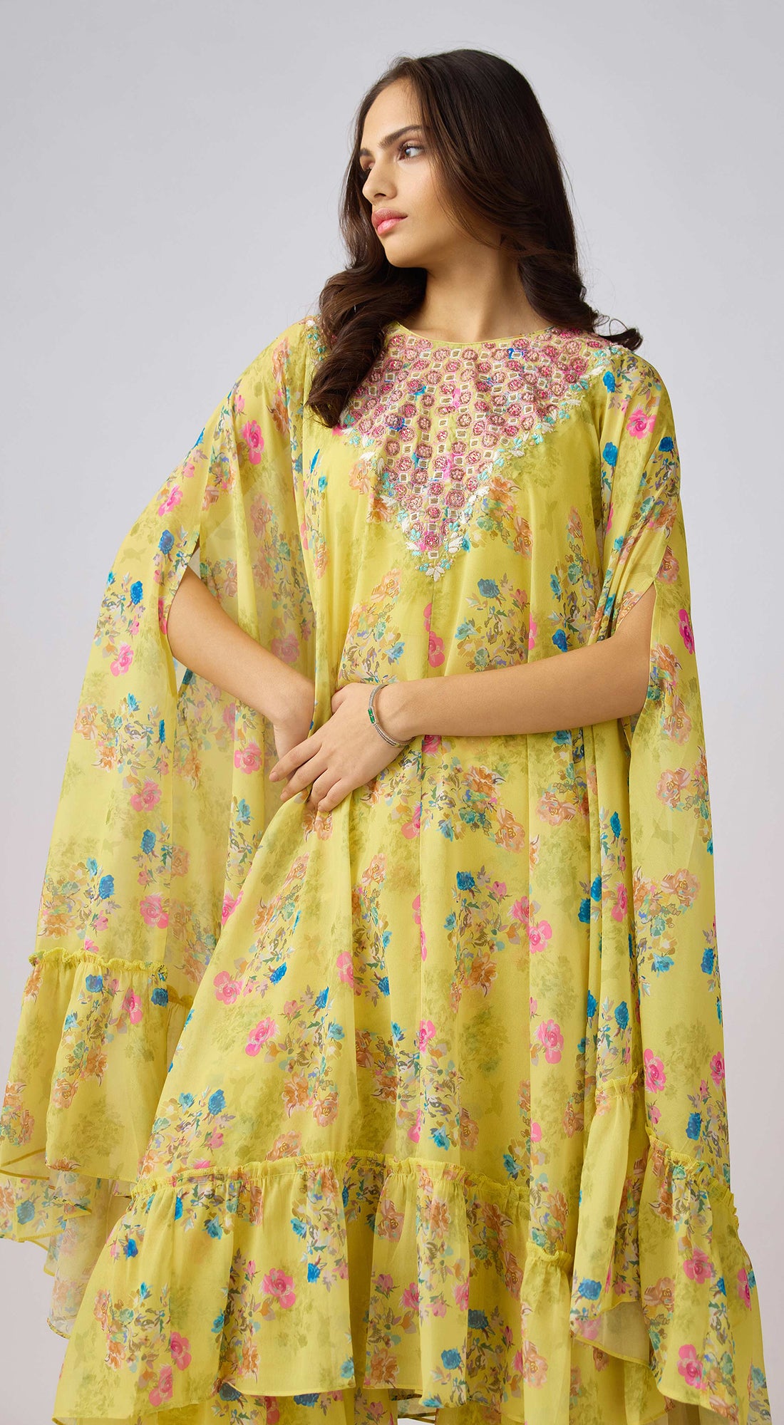 Yellow Floral Print Cape & Sharara Set