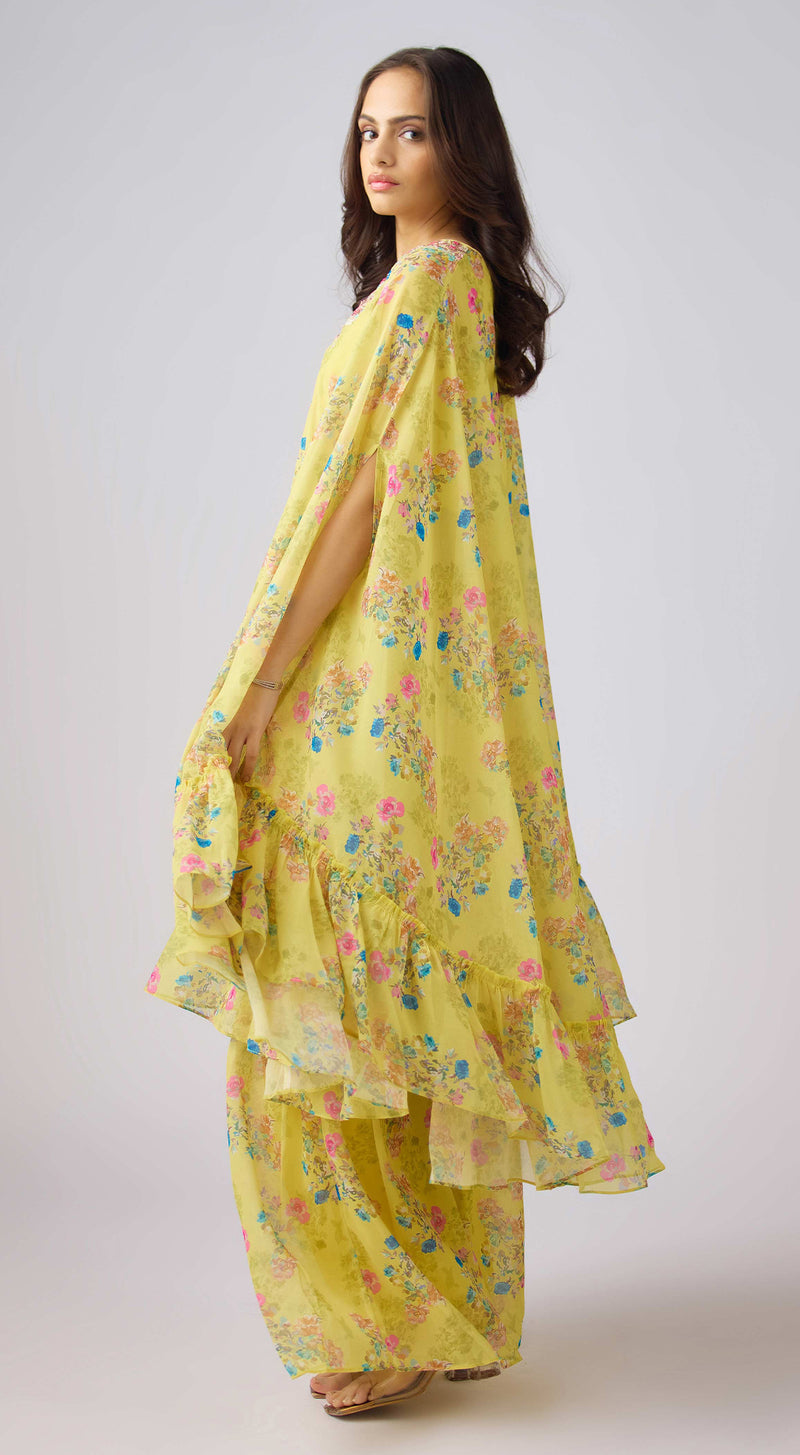 Yellow Floral Print Cape & Sharara Set