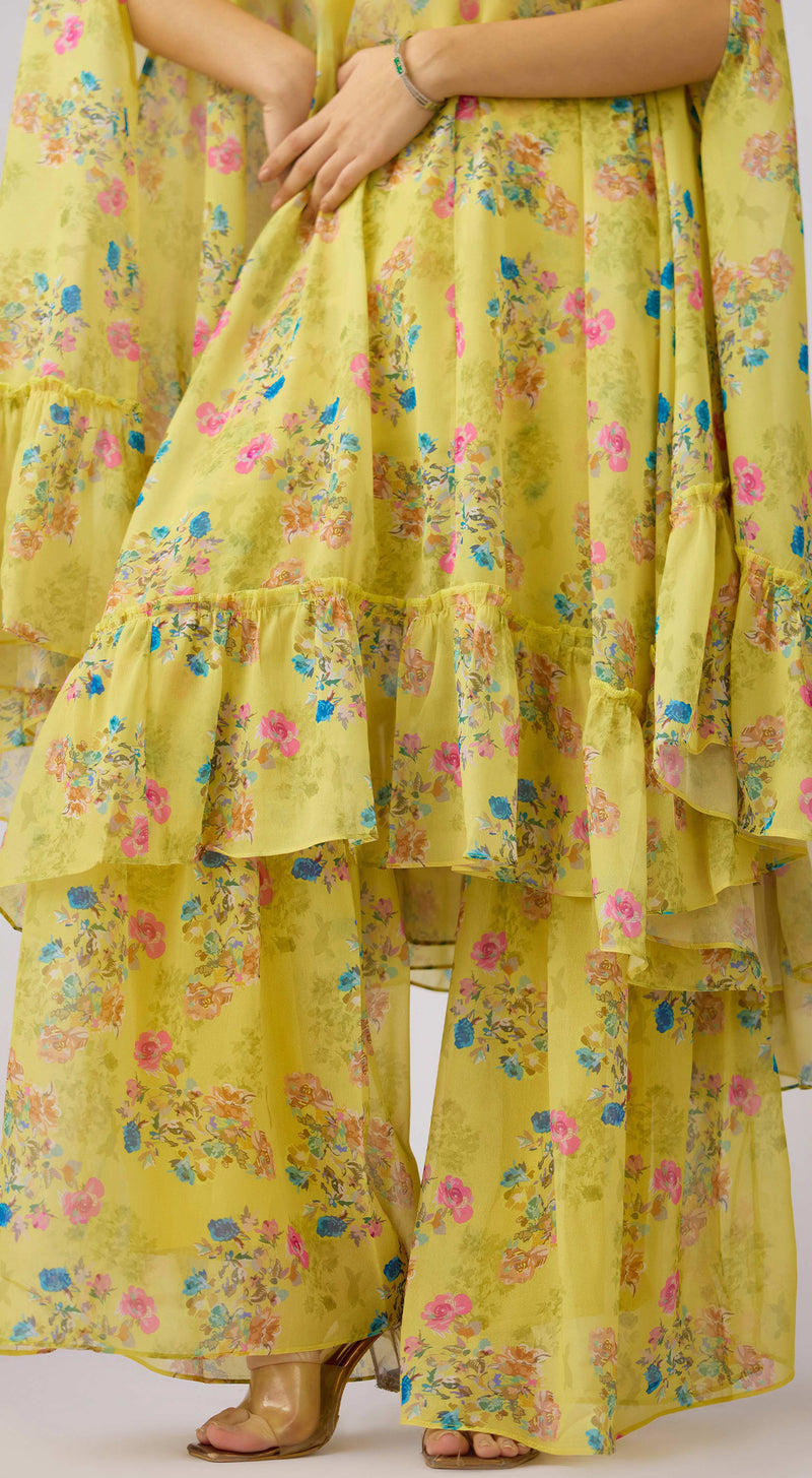 Yellow Floral Print Cape & Sharara Set