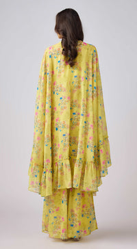 Yellow Floral Print Cape & Sharara Set