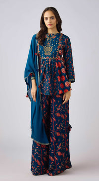 Blue Silk Embroidered Sharara Set