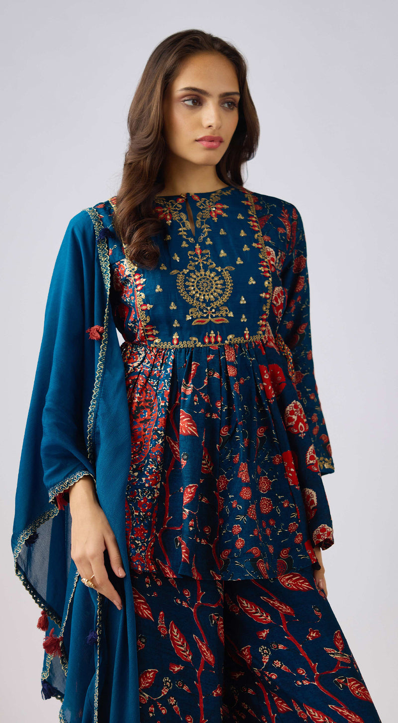 Blue Silk Embroidered Sharara Set