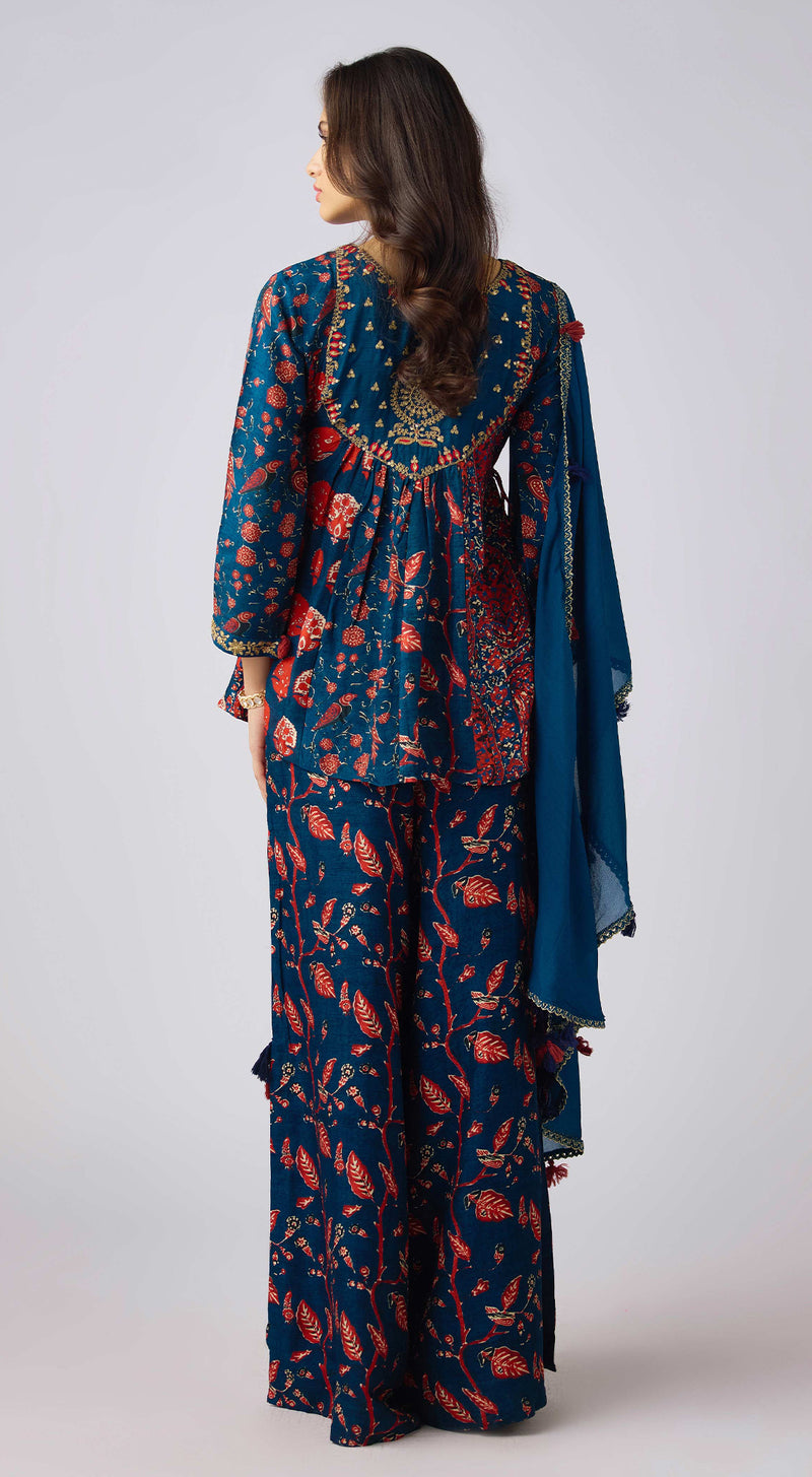 Blue Silk Embroidered Sharara Set