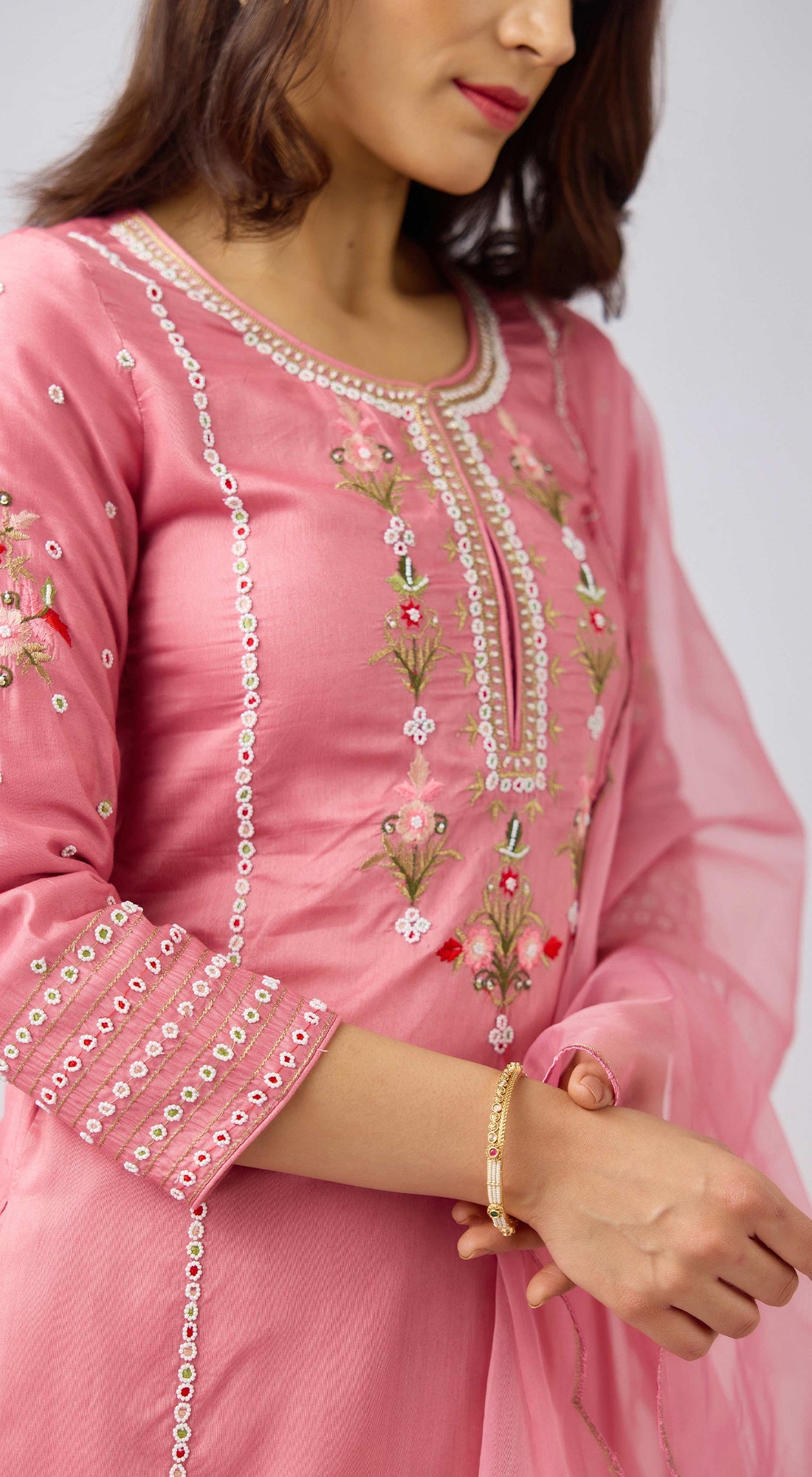 Pink Organza Silk Embroidered Suit Set