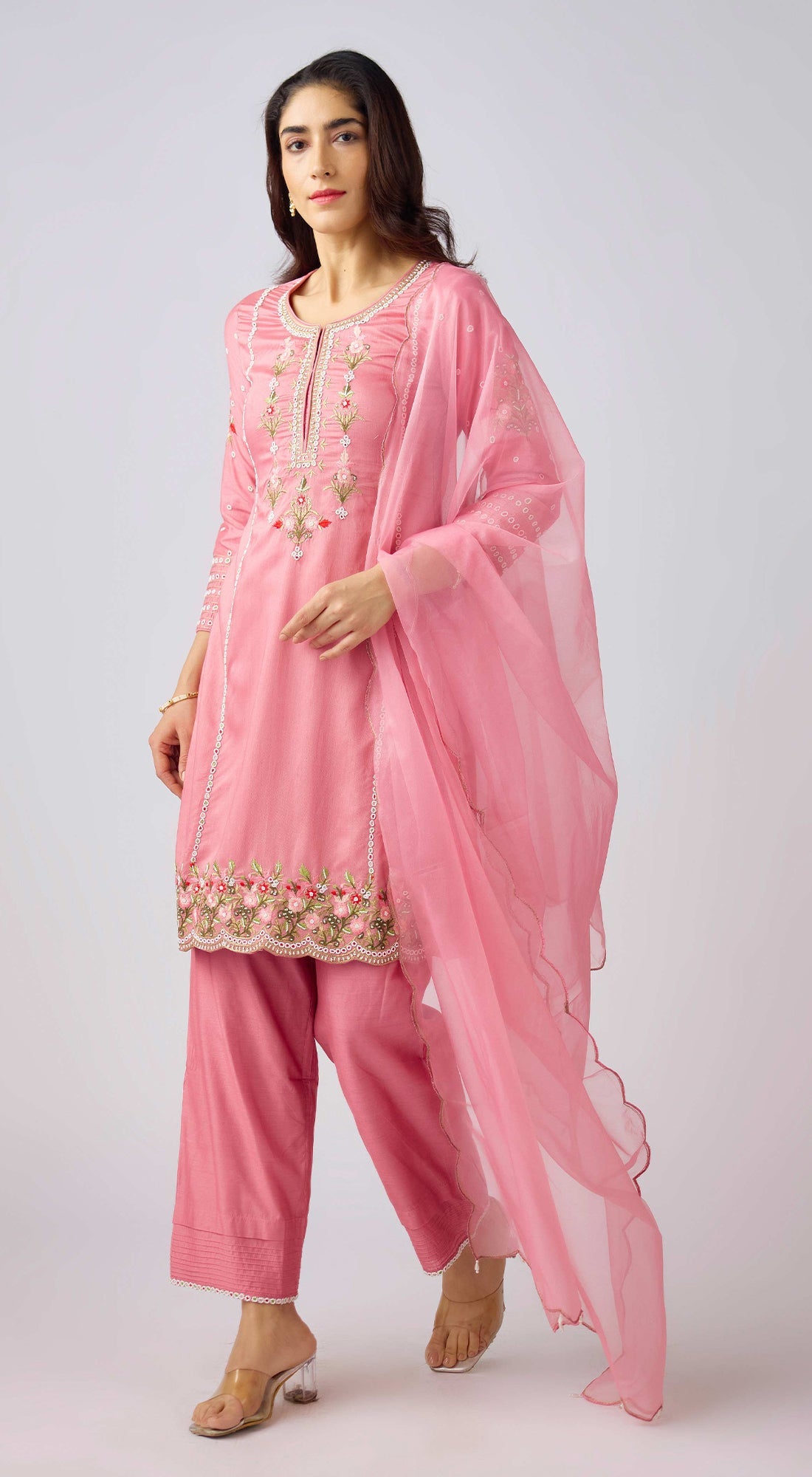 Pink Organza Silk Embroidered Suit Set