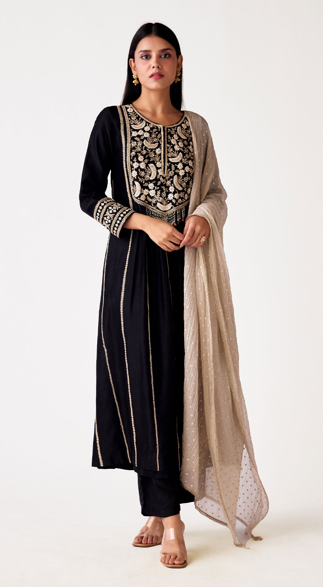 Black Chanderi Embroidered Suit Set