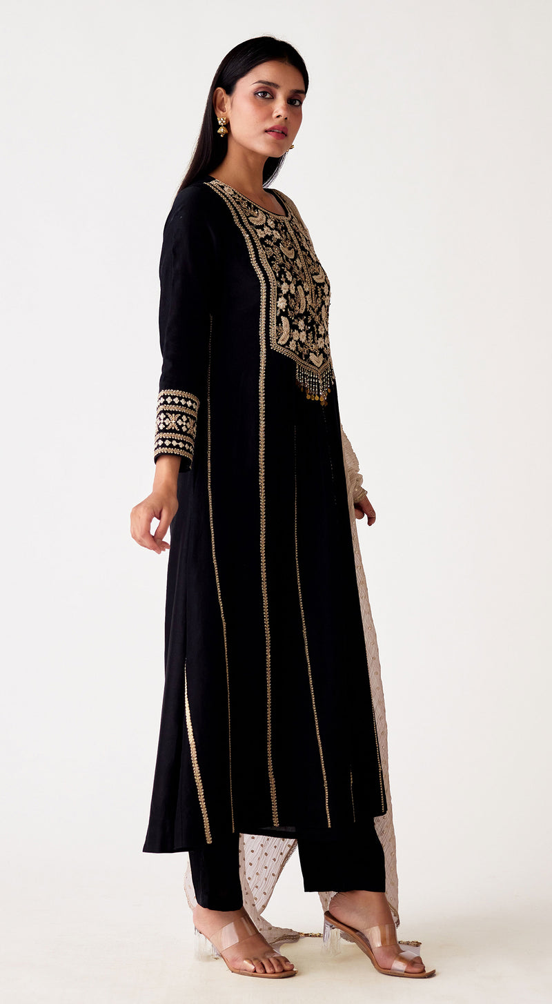 Black Chanderi Embroidered Suit Set