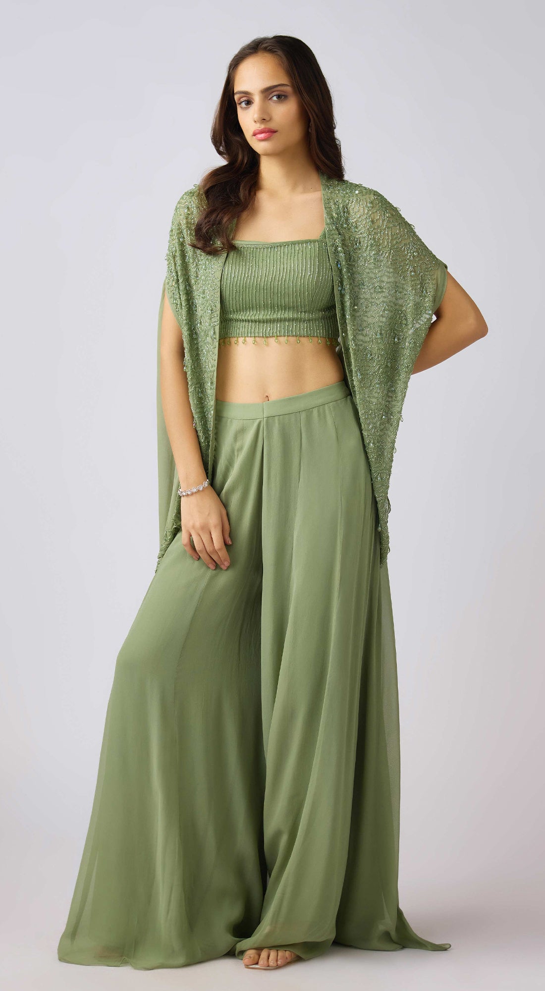 Green Georgette Embroidered Cape Set