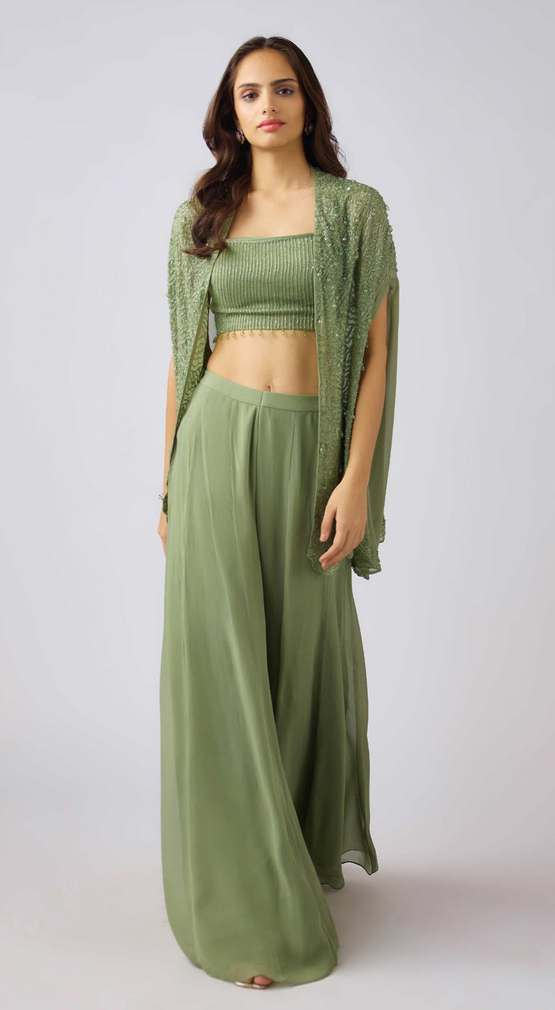 Green Georgette Embroidered Cape Set