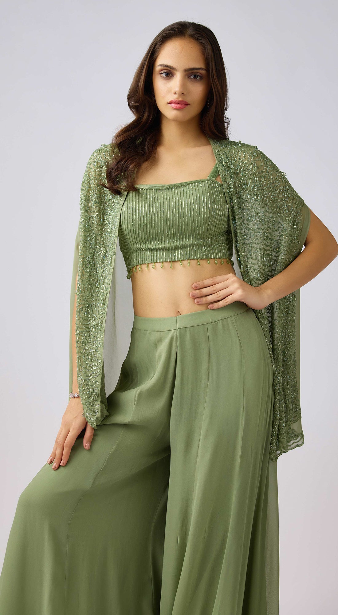 Green Georgette Embroidered Cape Set